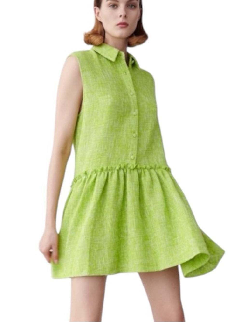 NEW Zara Lime Green Textured Tweed Sleeveless Drop Waist Mini Dress - S